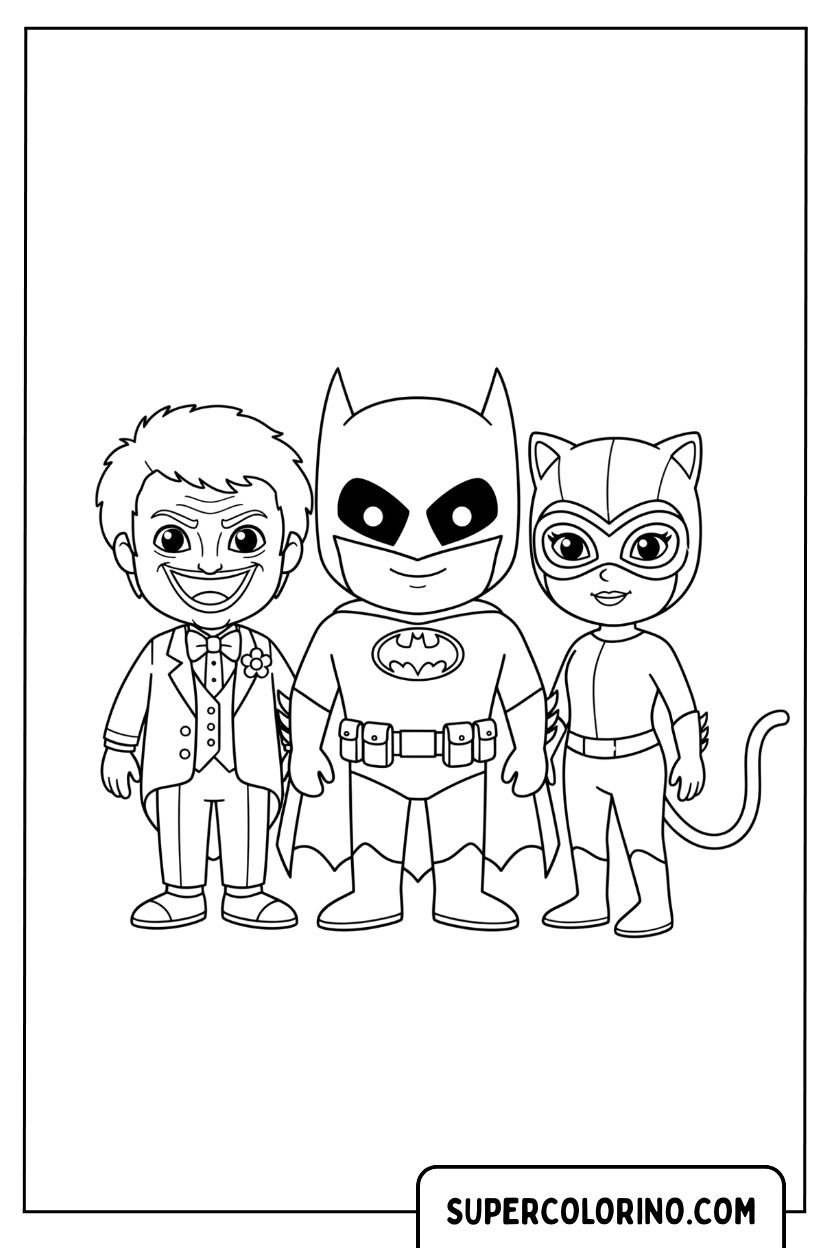 Ausmalbild: Batman, Catwoman und Joker zusammen