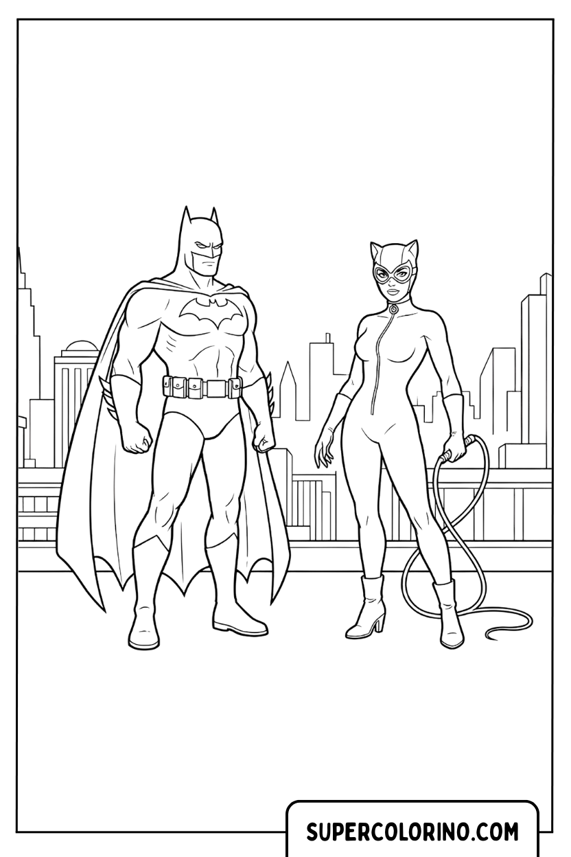 Malvorlage Batman und Catwoman auf dem Dach