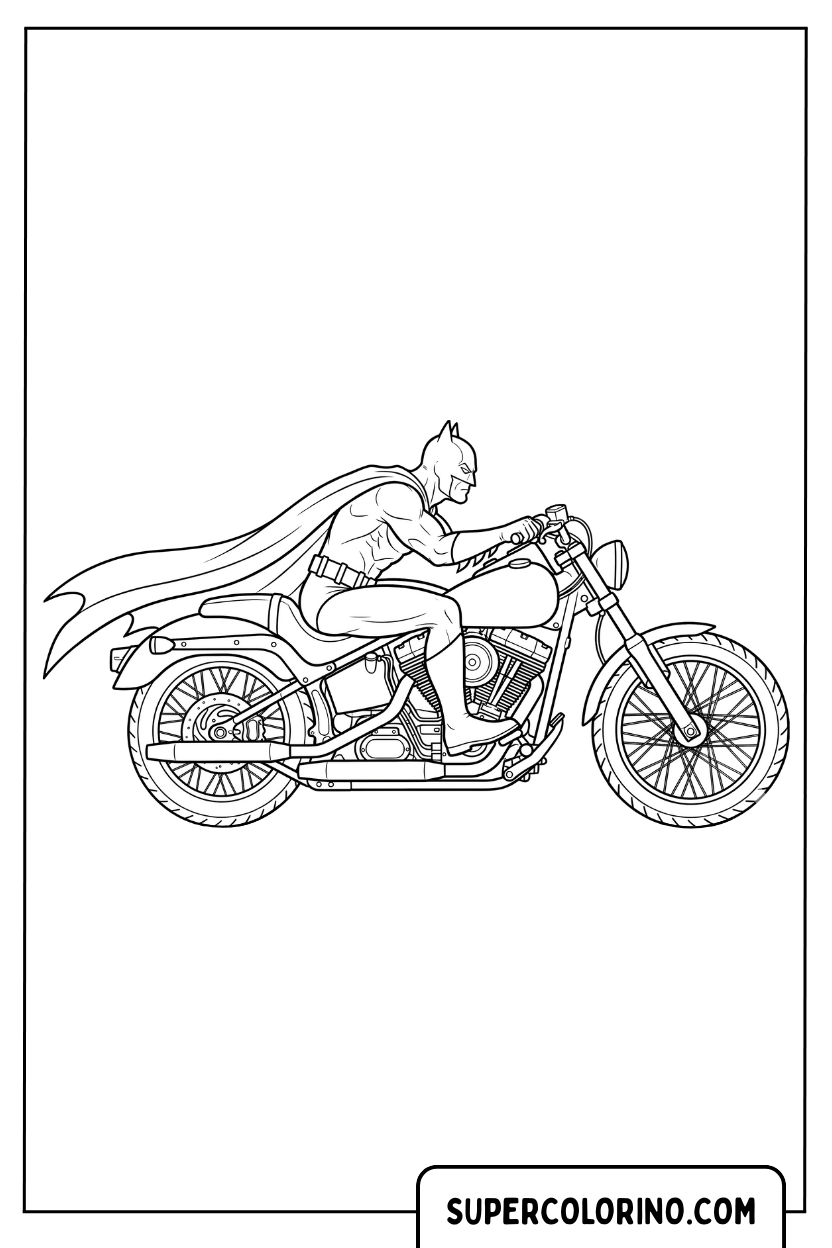 Ausmalbild: Batman fährt auf seinem Motorrad