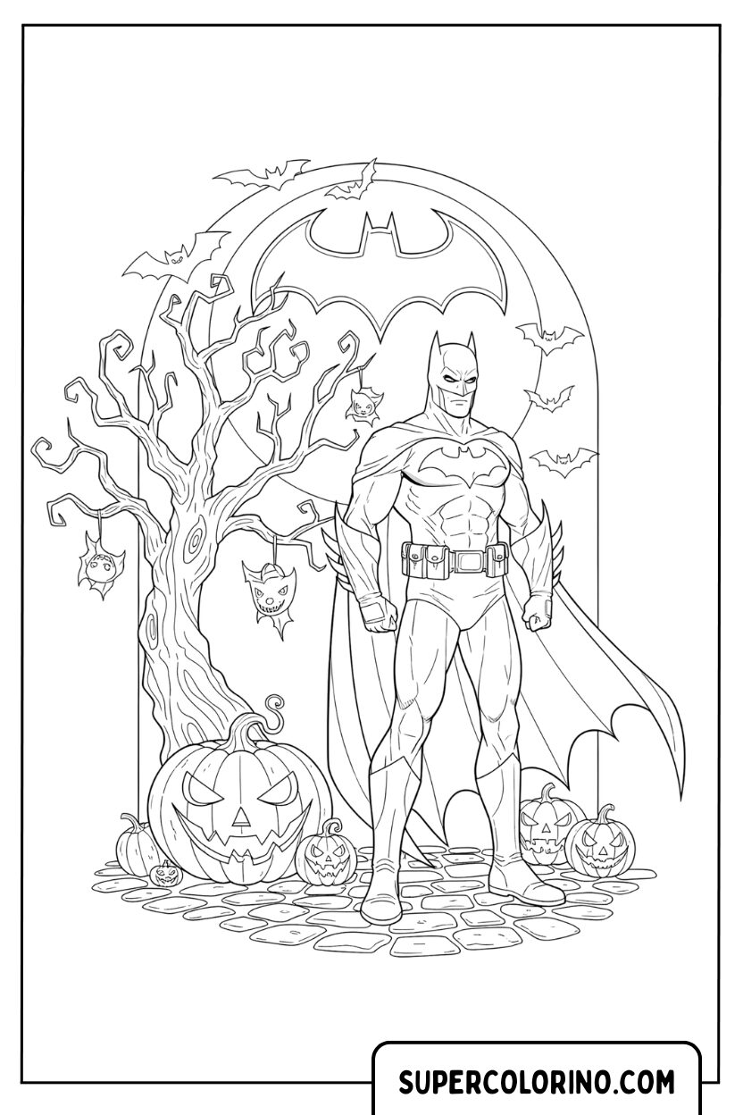 Ausmalbild: Batman in einem Halloween-Szenario