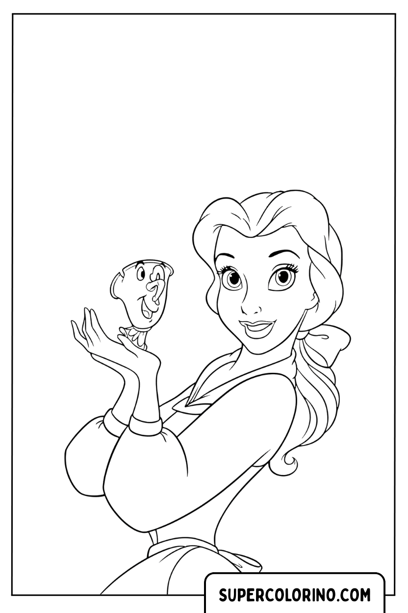 Disegno di Belle che tiene Chicco tra le mani da colorare