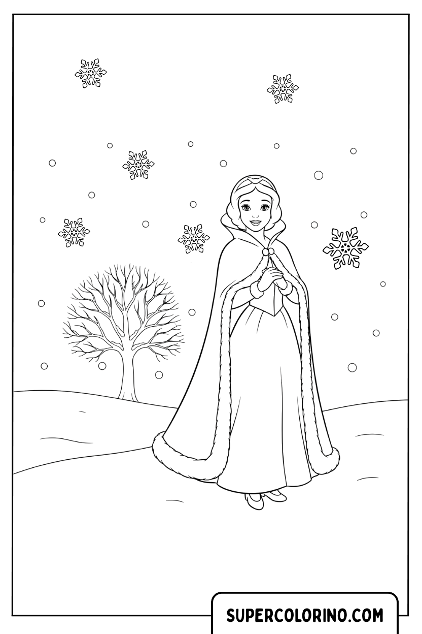 Disegno di Biancaneve kawaii in un paesaggio invernale da colorare