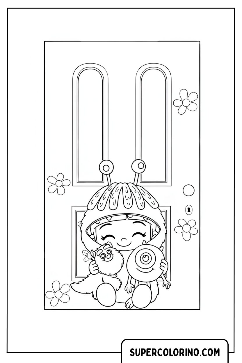 Disegno di Boo di Monsters & Co. davanti alla porta da colorare