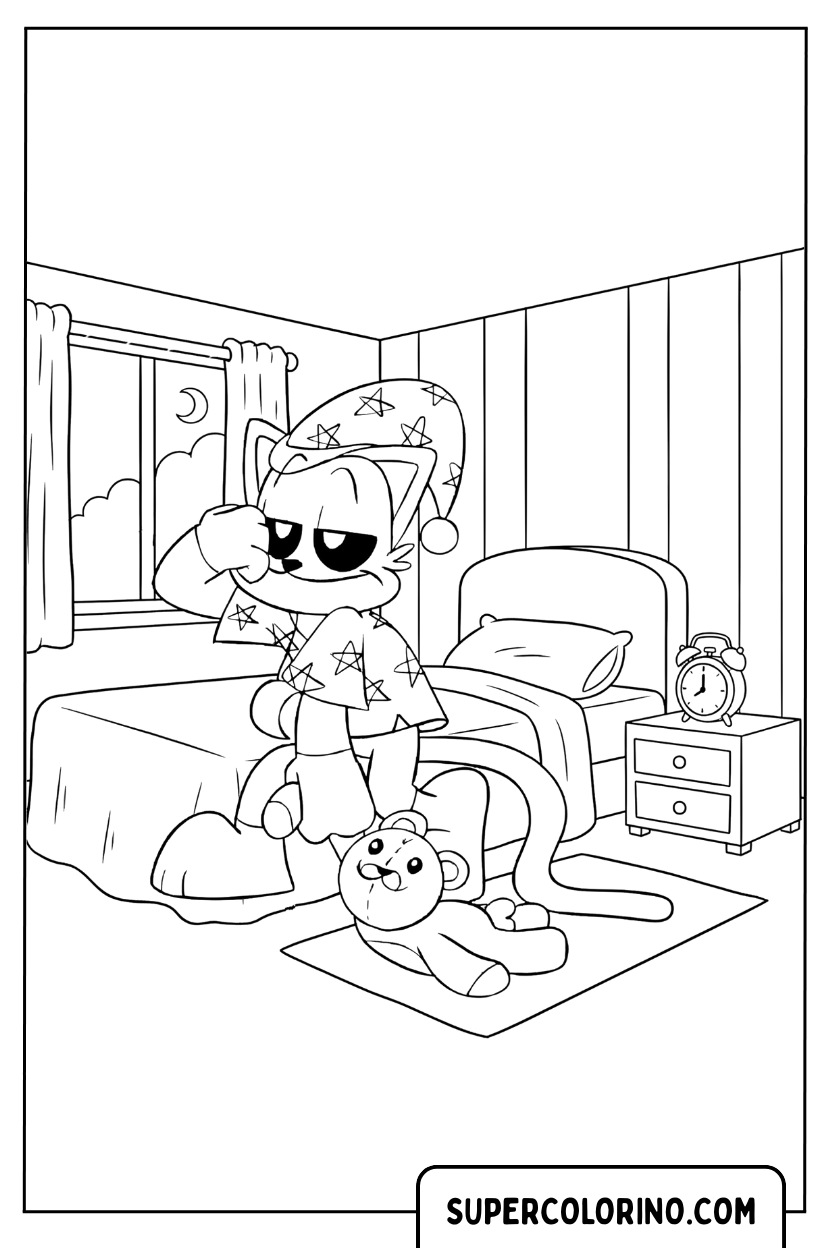 Disegno di CatNap che si sveglia in camera da letto da colorare