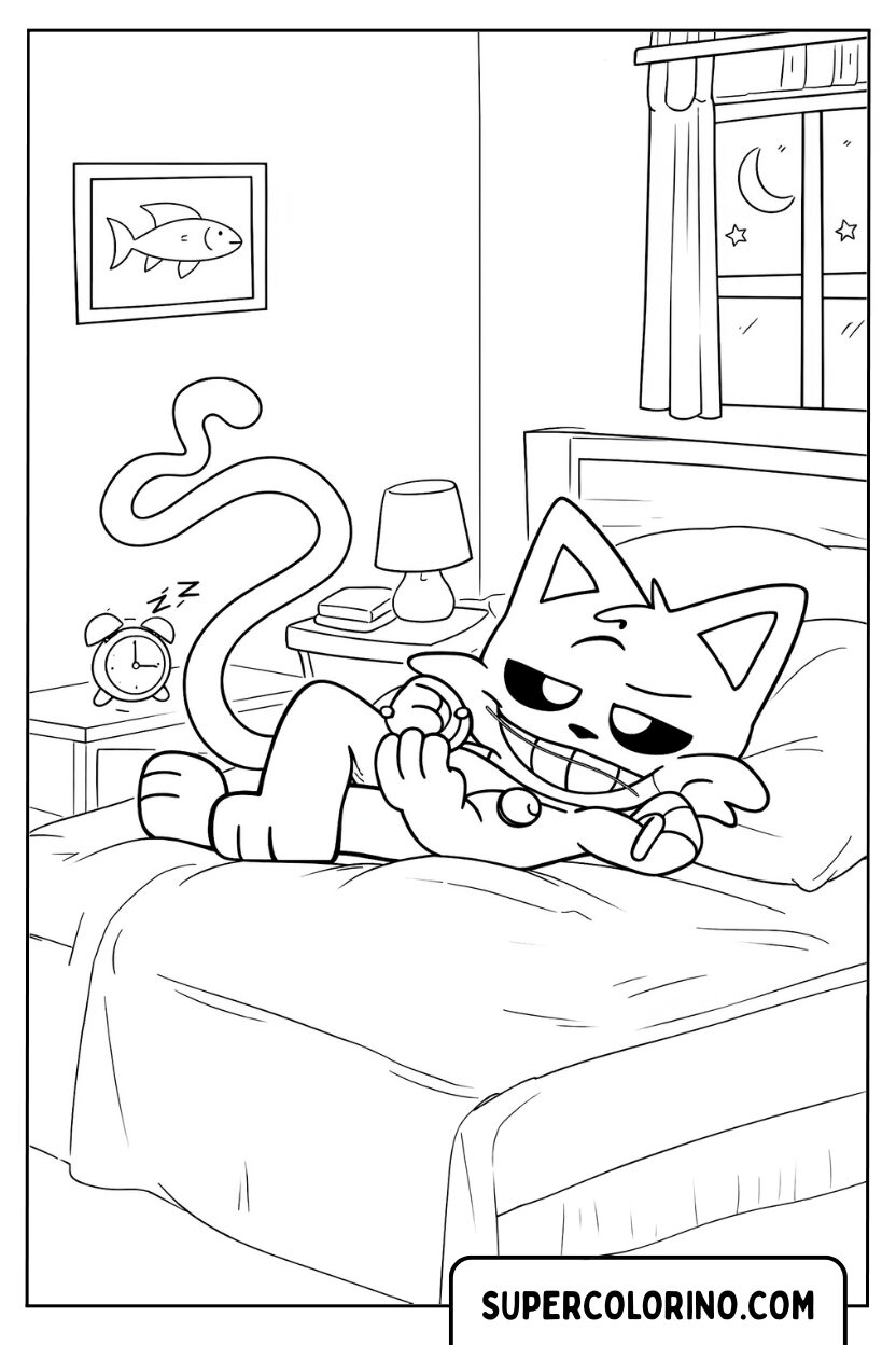 Disegno di CatNap disteso sul letto da colorare