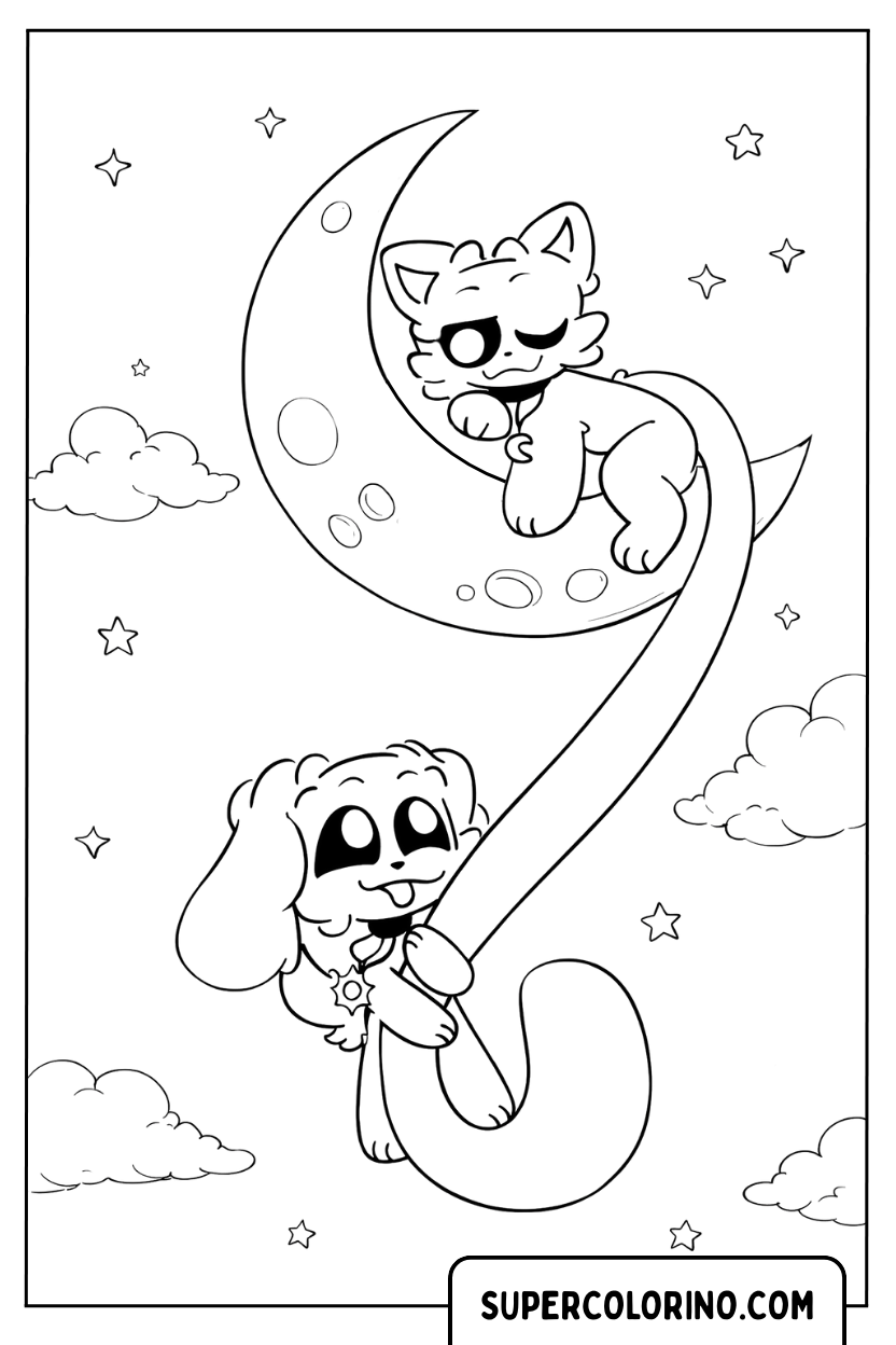 Disegno di CatNap e DogDay che giocano con la luna da colorare