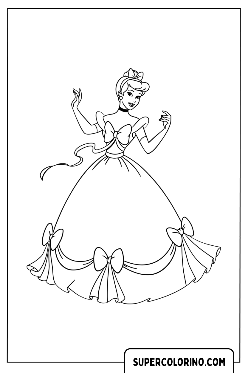 Ausmalbild Aschenputtel mit mit Schleifen verziertem Kleid