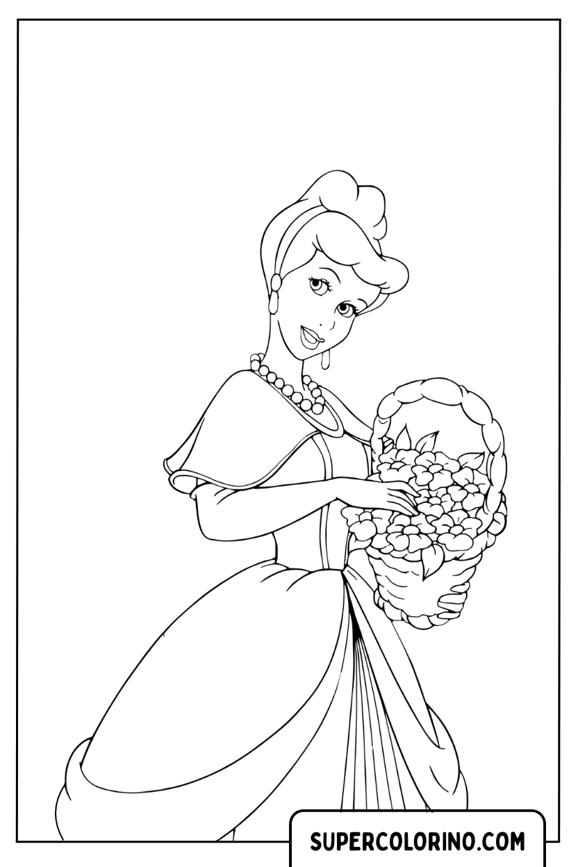 Ausmalbild: Aschenputtel mit einem Korb voller Blumen