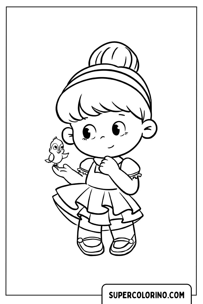 Disegno di Cenerentola kawaii con un uccellino da colorare
