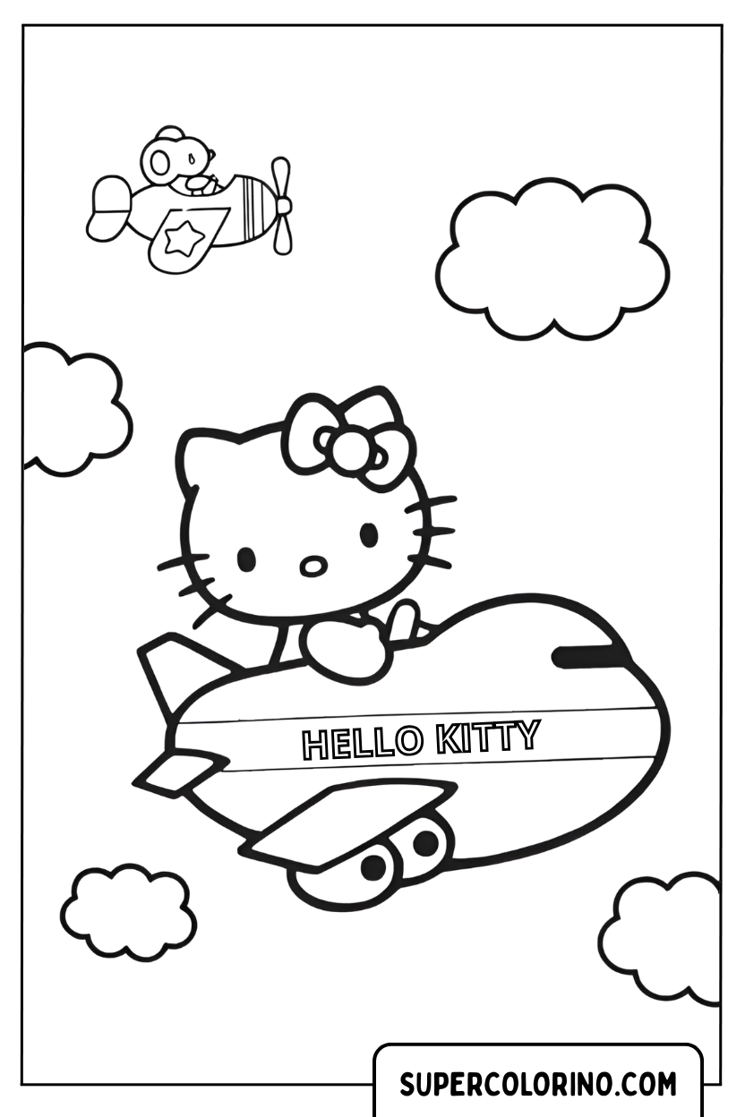 Malvorlage „Hallo Kitty im Flugzeug“.