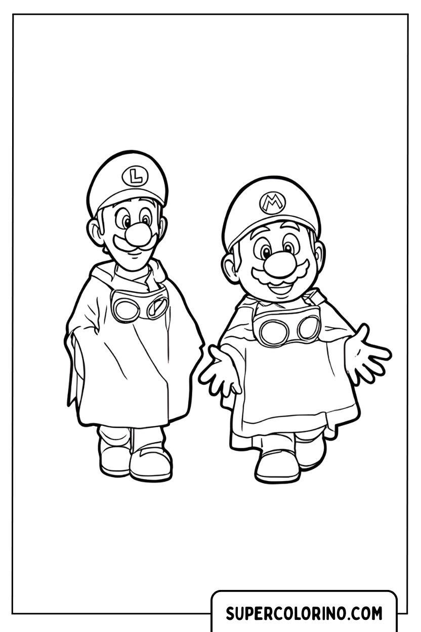 Mario en Luigi met capes in de kleurplaat van de Super Mario Galaxy-film