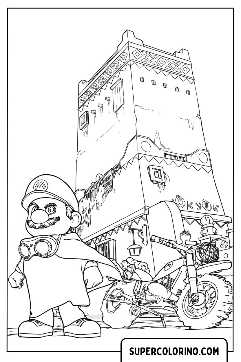 Kleurplaat van Mario op de motor in de Super Mario Galaxy-film