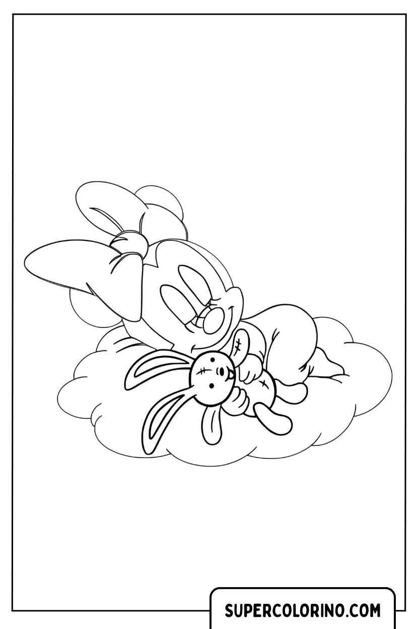 Coloriage de Minnie dormant sur un nuage avec le lapin