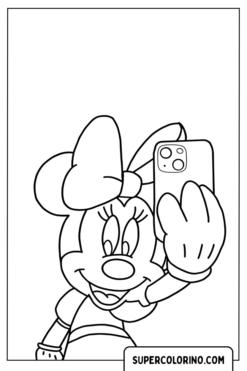 Coloriage de Minnie Mouse prenant un selfie avec son smartphone
