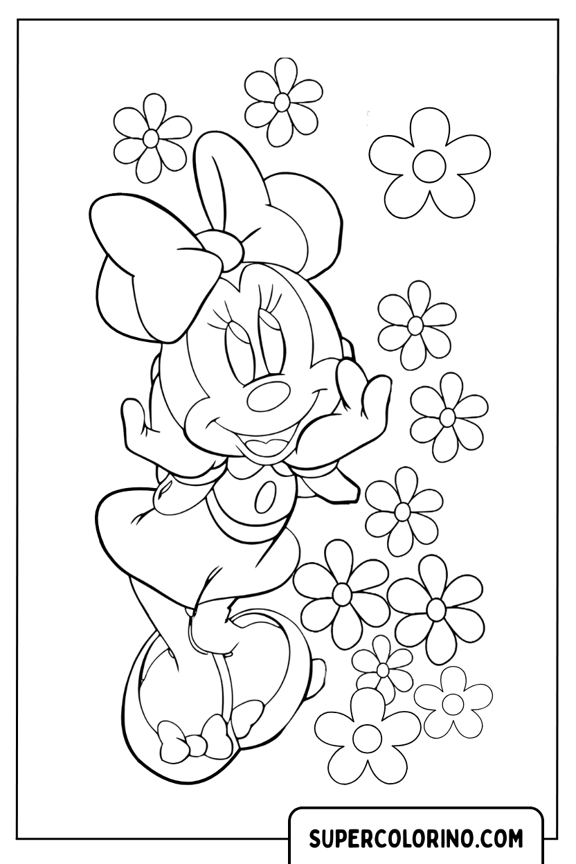 Coloriage de Minnie entourée de fleurs printanières