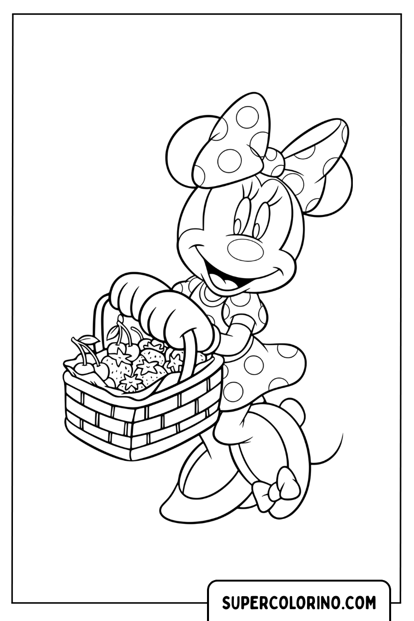 Coloriage Minnie Mouse avec un panier de fleurs