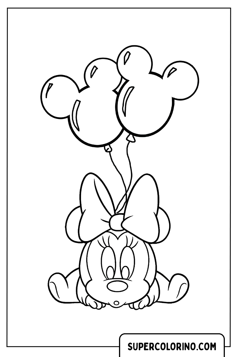 Coloriage de Minnie nouveau-née avec des ballons en forme de Mickey Mouse