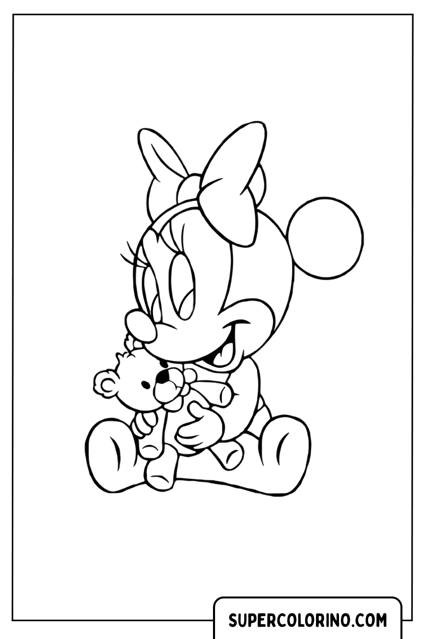 Coloriage de Minnie assise et serrant un petit ours dans ses bras