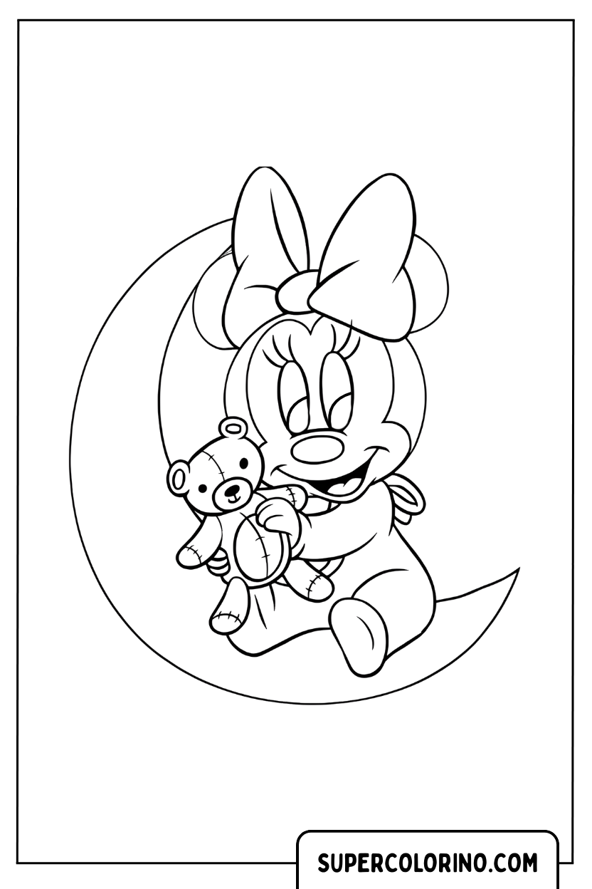 Coloriage de Minnie assise sur la lune avec l'ours en peluche