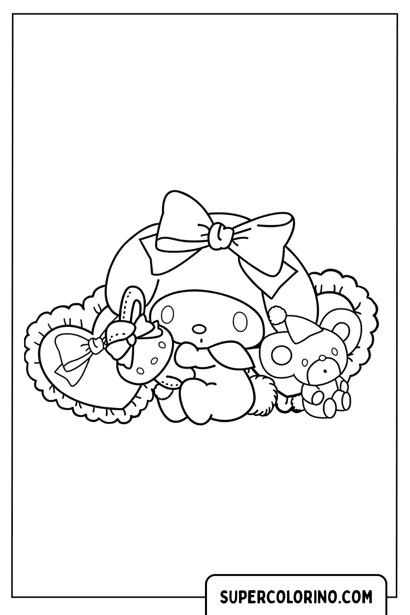 Coloriage de Ma Mélodie reposant parmi des coeurs et des peluches