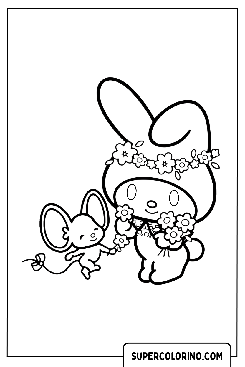 Coloriage My Melody et Flat la souris dans le pré