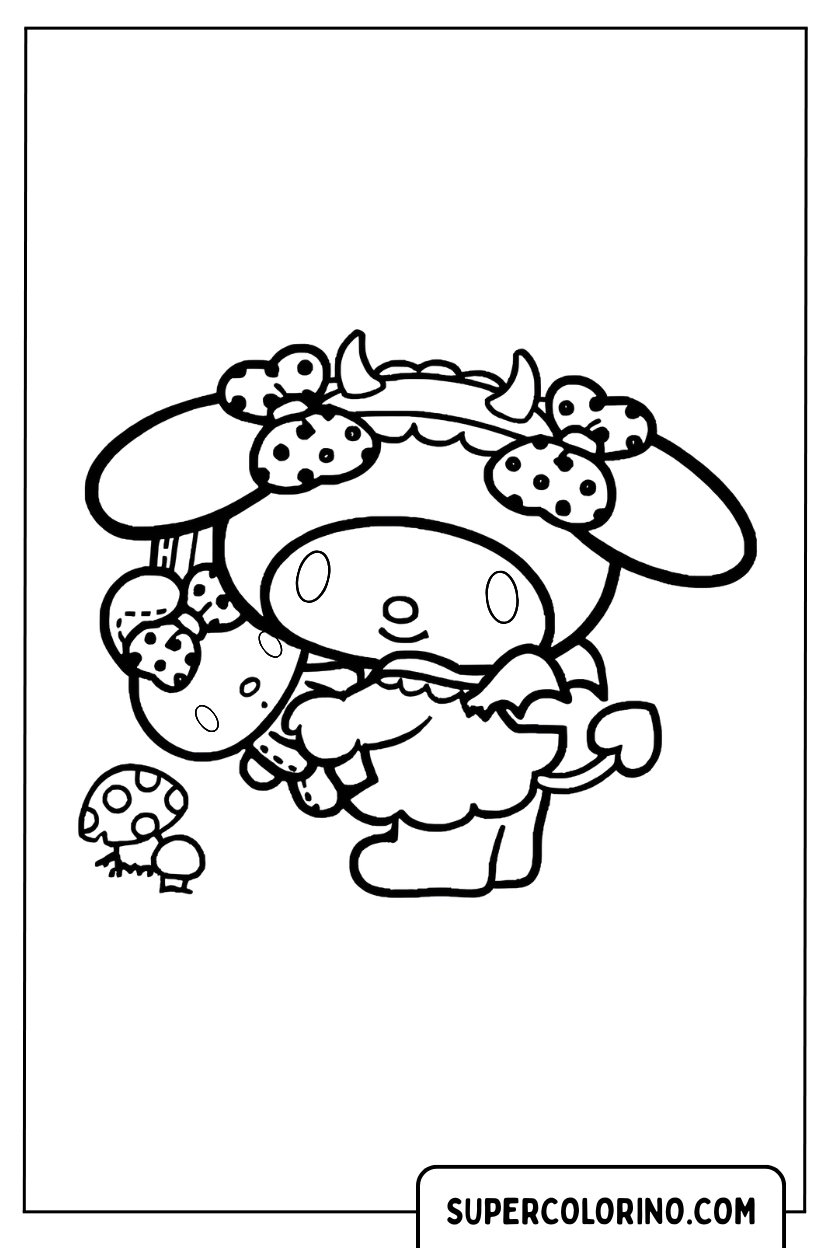 Coloriage de My Melody en version diable avec des champignons
