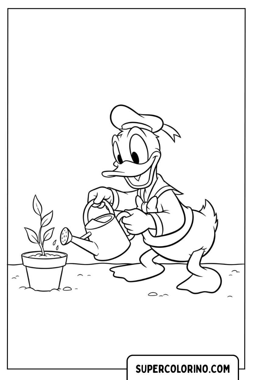 Coloriage Donald Duck arrosant une plante