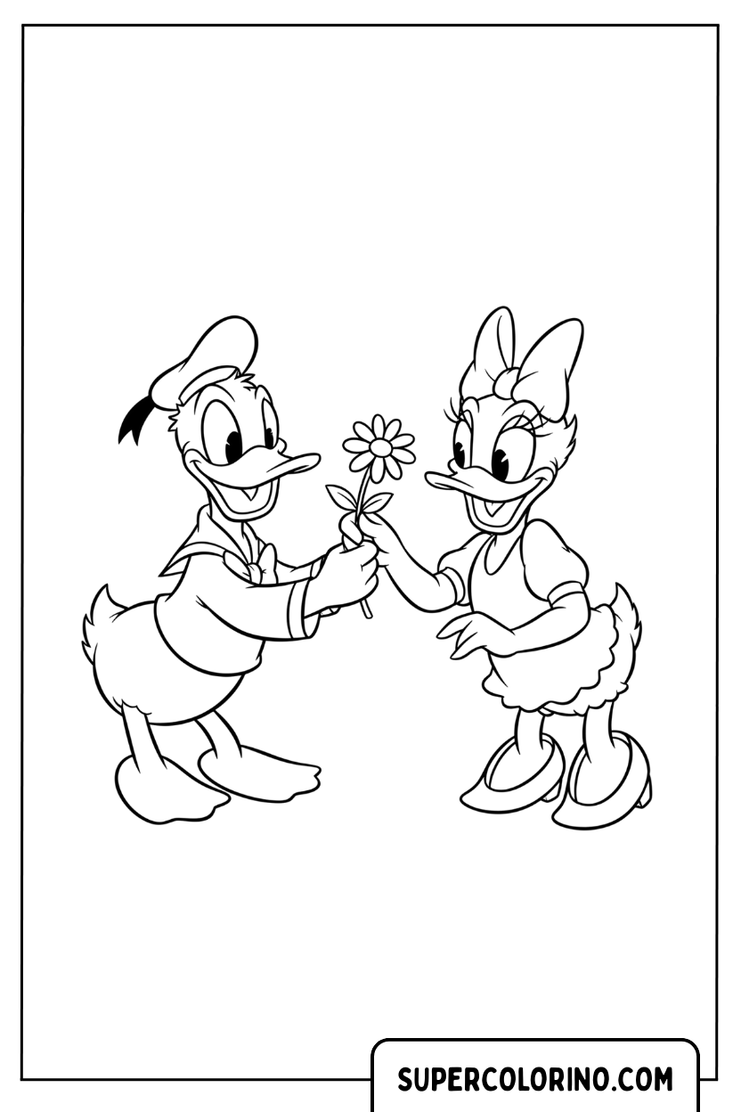 Coloriage de Donald Duck donnant une fleur à Daisy