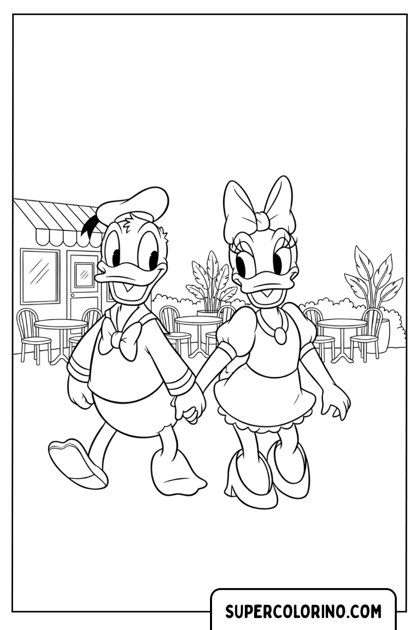 Coloriage - Donald Duck et Daisy marchant