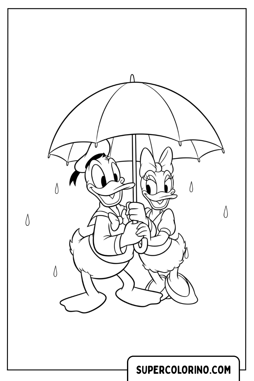 Coloriage Donald Duck et Daisy sous le parapluie