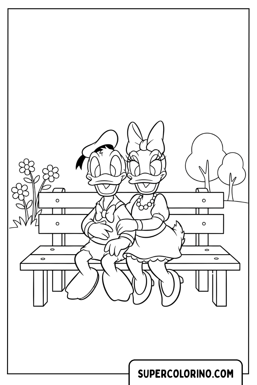 Coloriage Donald Duck et Daisy sur le banc