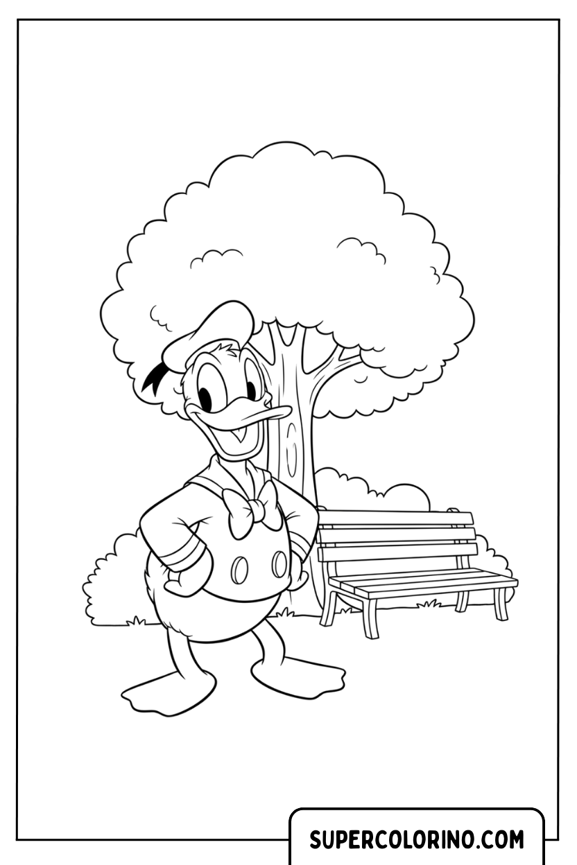 Coloriage Donald Duck près du banc du parc