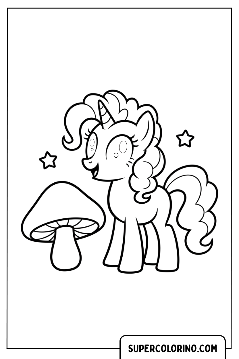 Coloriage Pinkie Pie près d'un champignon