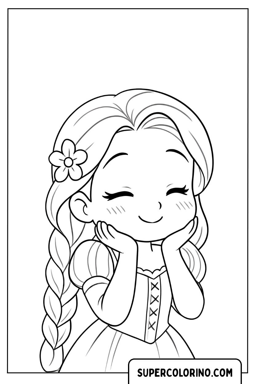 Disegno di Rapunzel kawaii con una lunga treccia da colorare