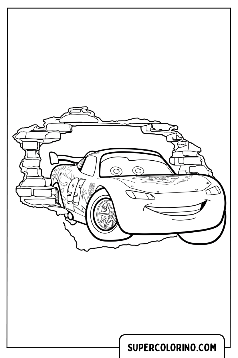 Coloriage - Lightning McQueen courant à travers un mur