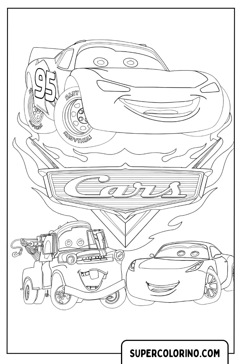 Coloriage Lightning McQueen avec Mater et Sally