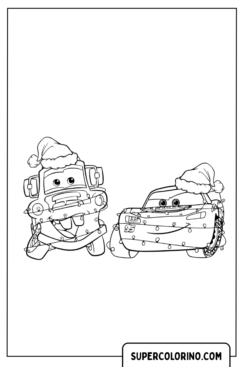 Coloriage Lightning McQueen et Mater portant un chapeau de Noël
