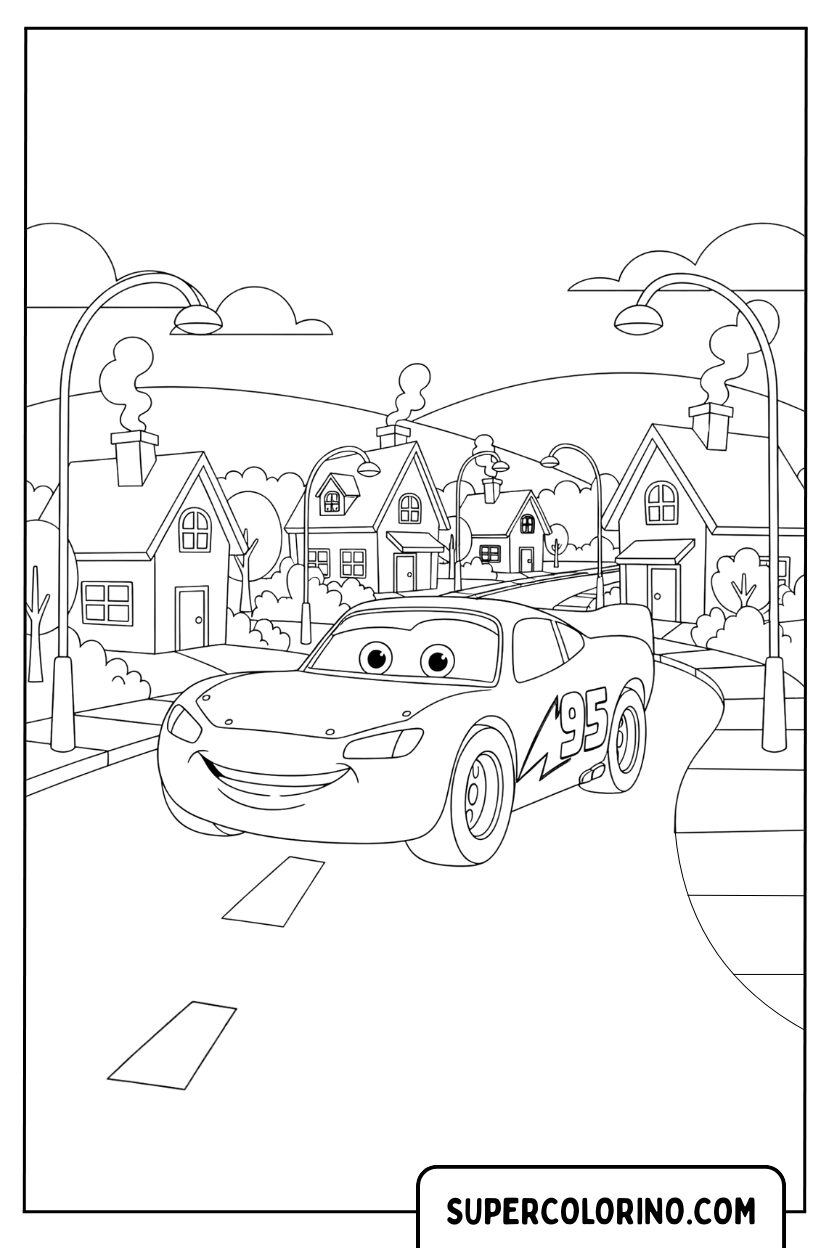 Coloriage Lightning McQueen dans la ville
