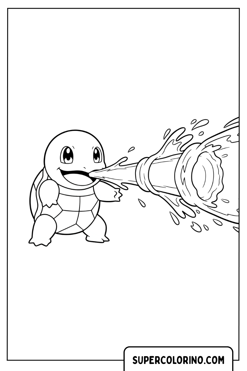 Squirtle mit der Malvorlage „Wasserpistolen-Angriff“.