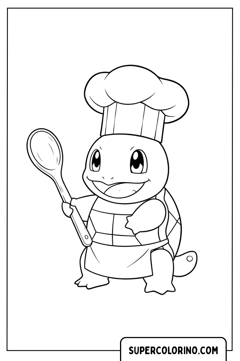 Squirtle-Koch mit Hut und Löffel zum Ausmalen
