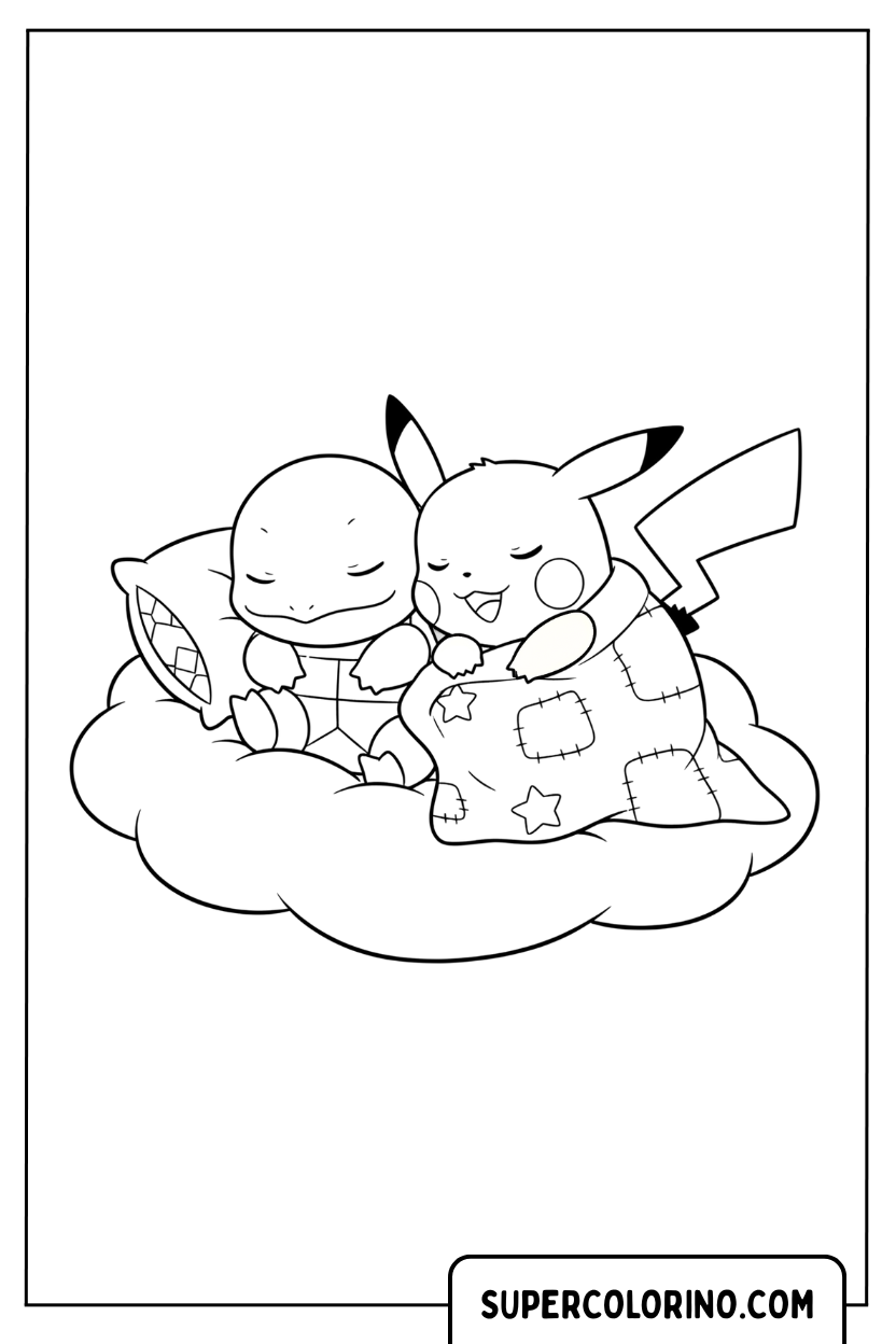 Ausmalbild: Eichhörnchen und Pikachu schlafen auf einer Wolke