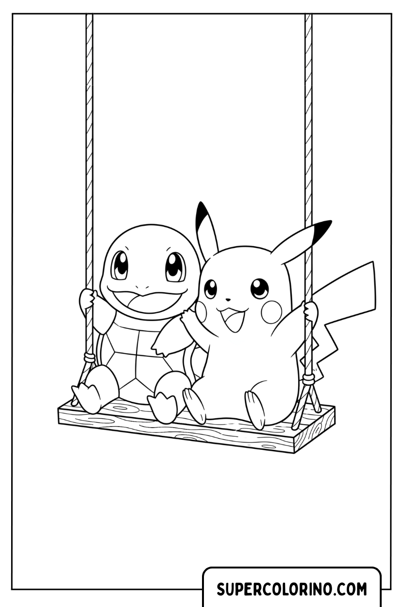 Schiggy und Pikachu auf der Schaukel zum Ausmalen
