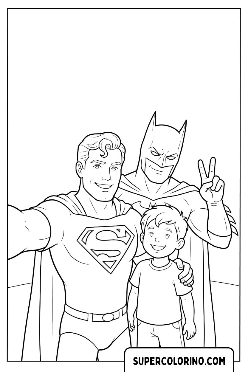 Coloriage Superman, Batman et un enfant
