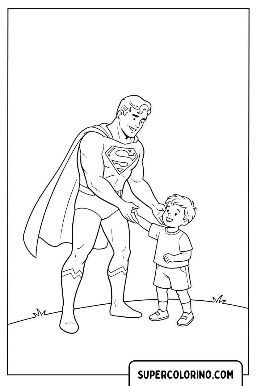 Coloriage Superman aidant un enfant pour Colorier