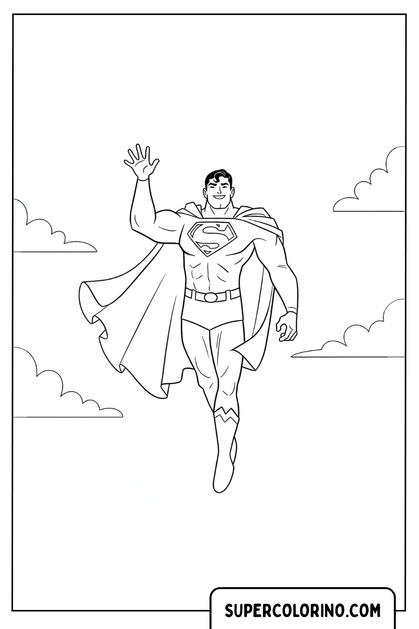 Coloriage Superman volant dans les nuages ​​pour Colorier