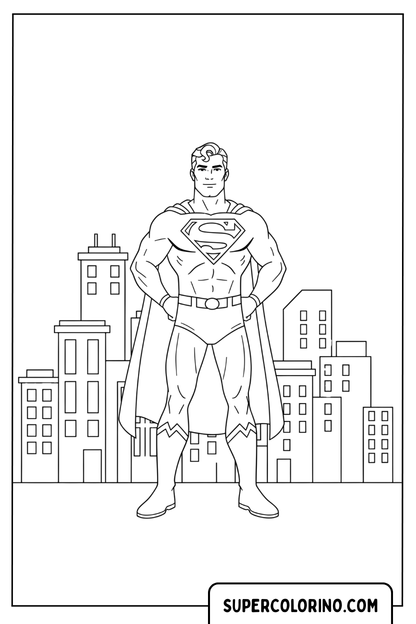 Coloriage Superman devant des gratte-ciel