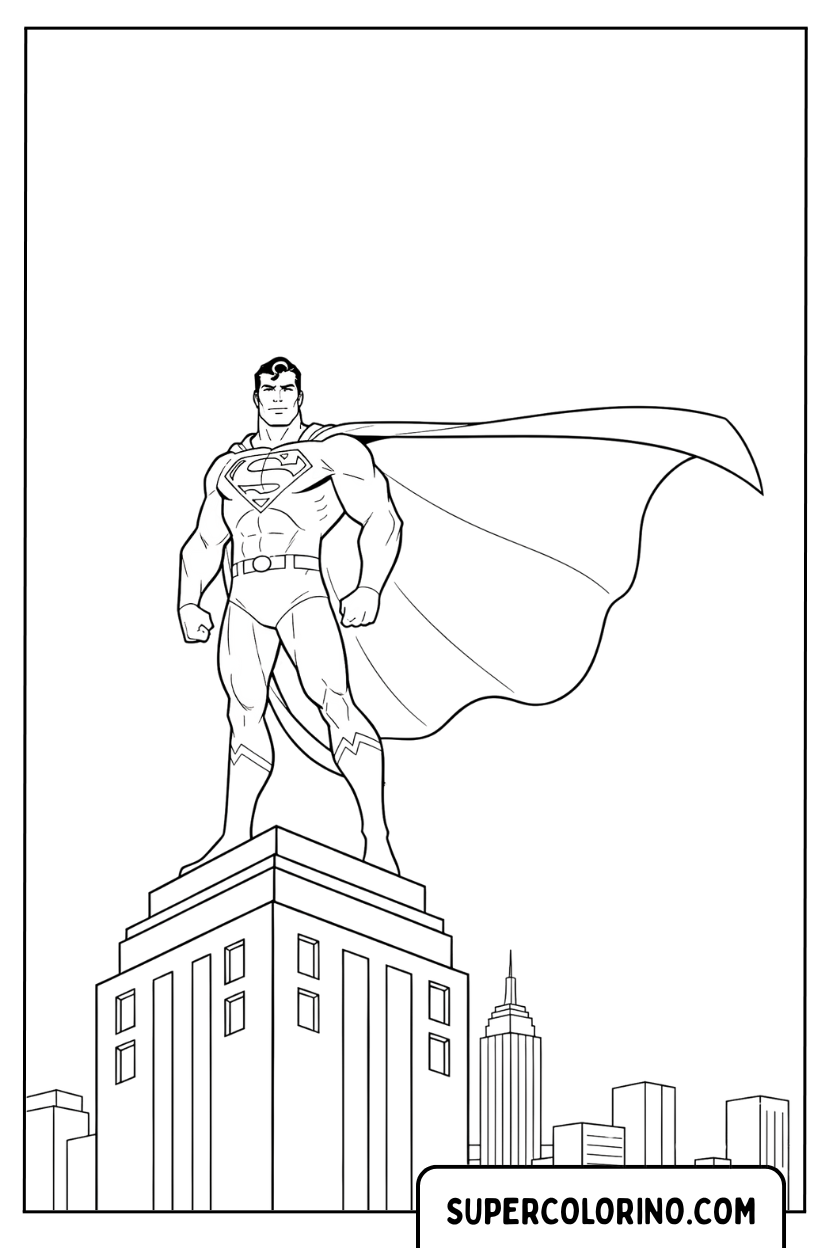 Coloriage Superman au sommet d'un gratte-ciel