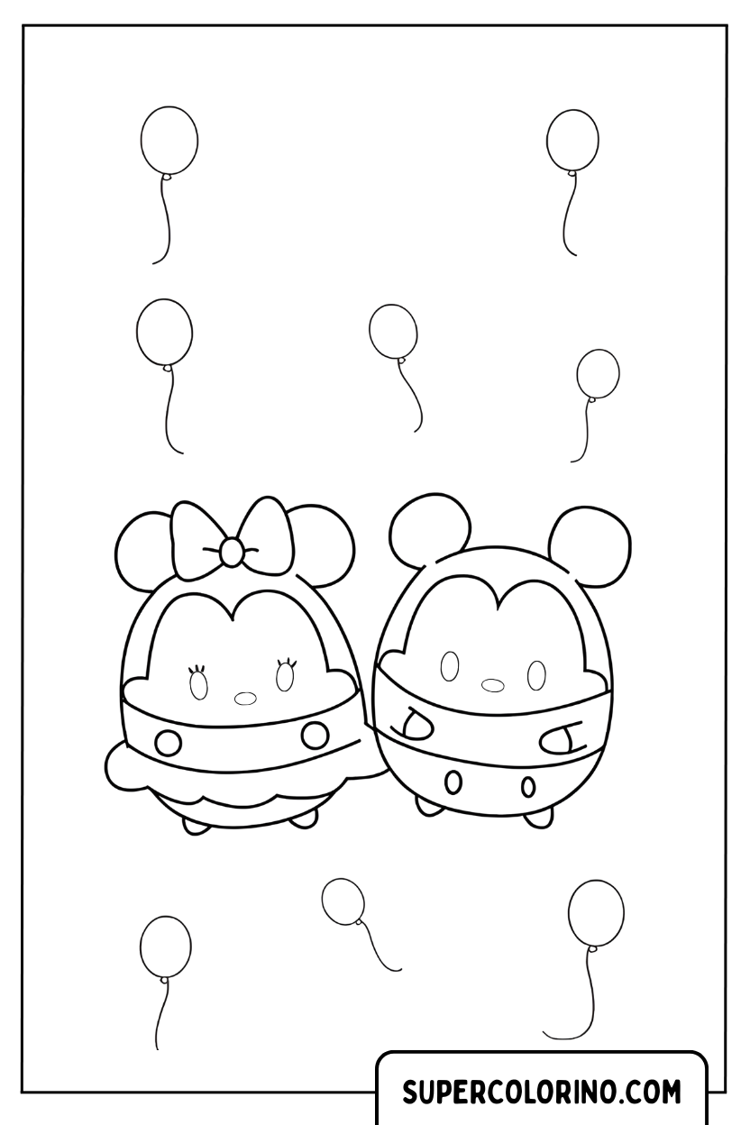 Disegno di Tsum Tsum di Topolino e Minnie con palloncini da colorare