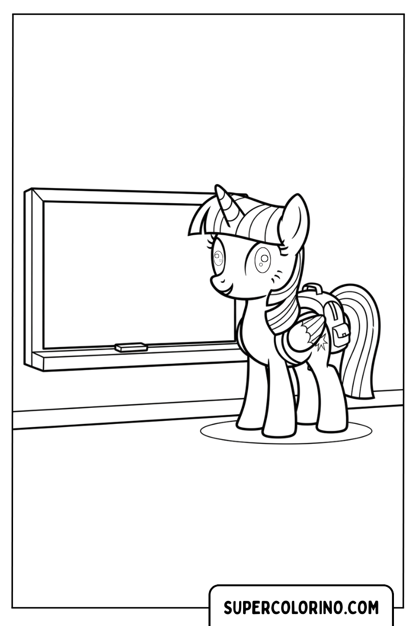 Coloriage Twilight Sparkle devant le tableau noir