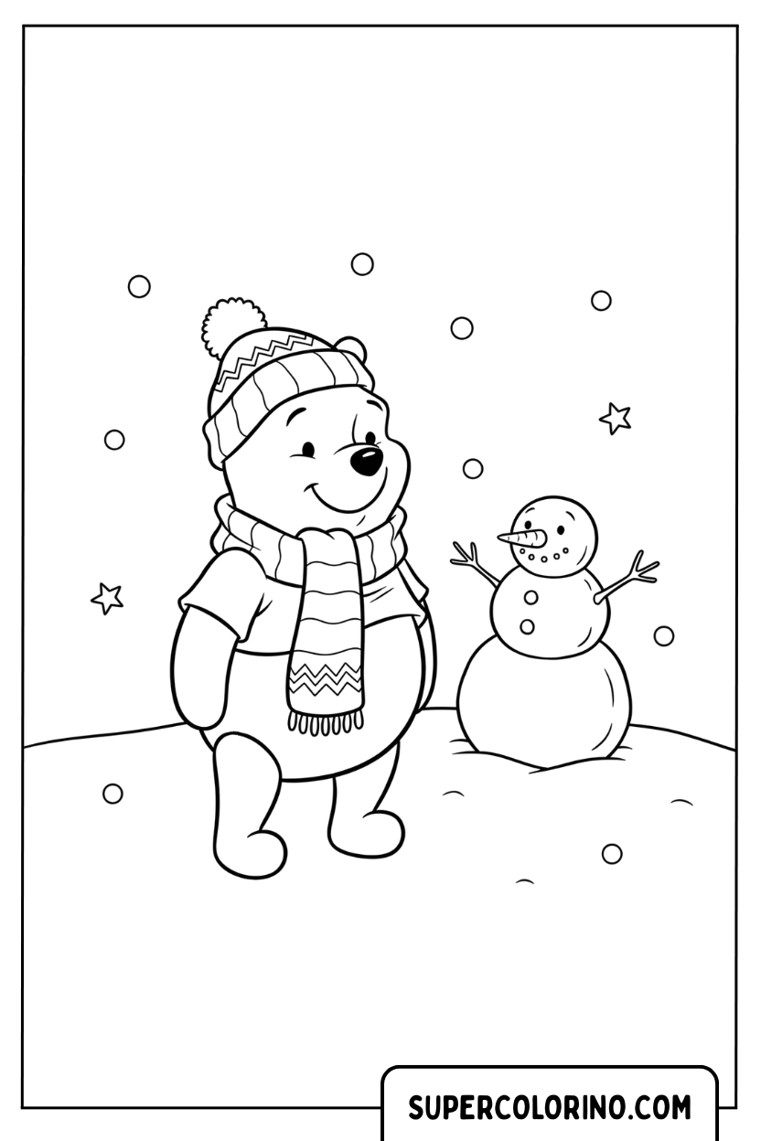 Disegno di Winnie the Pooh e il pupazzo di neve da colorare